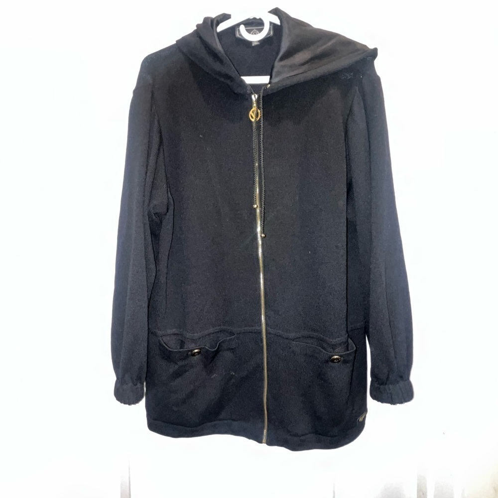 St. John Sport By Marie Gray Black Wool Blend Hooded zip Sweater Jacket